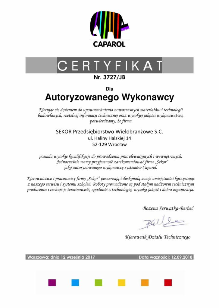 Certyfikat Autoryzowanego Wykonawcy CAPAROL 2018 dla firmy SEKOR Przedsiębiorstwo Wielobranżowe s.c.