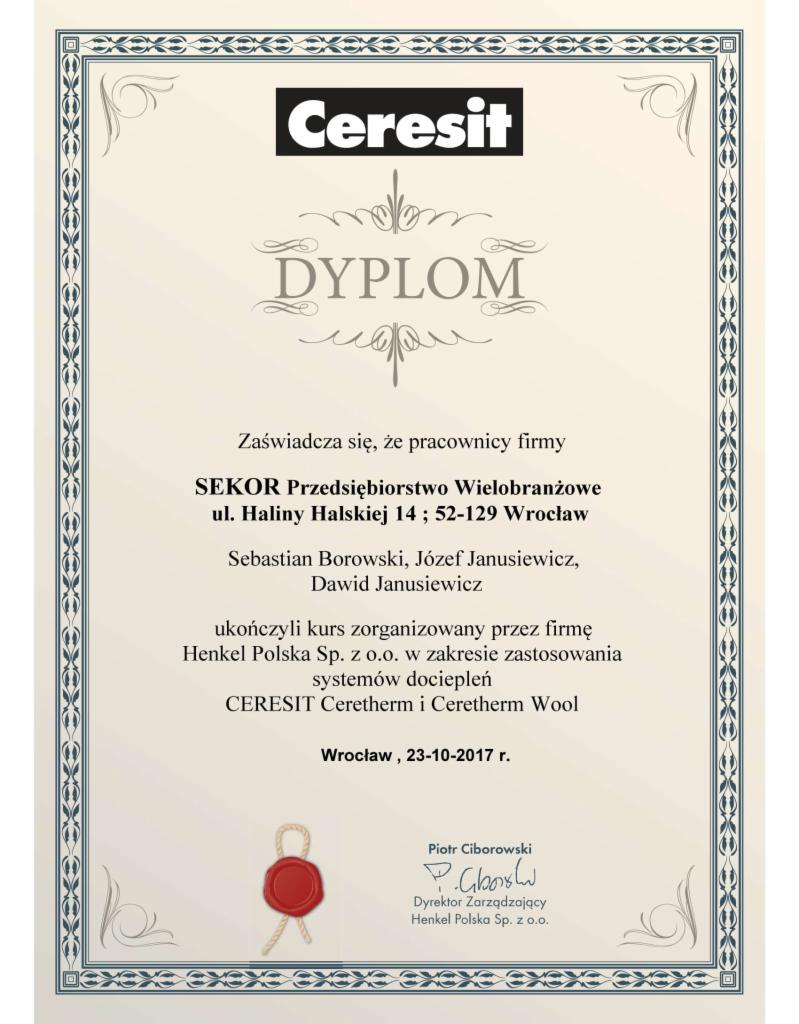 Certyfikat CERESIT dla firmy SEKOR Przedsiębiorstwo Wielobranżowe s.c.