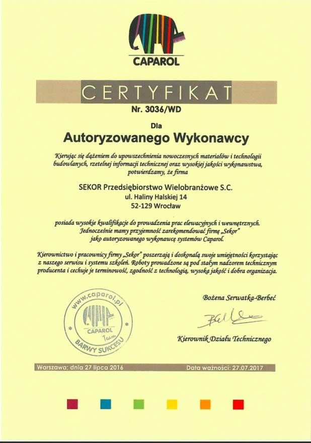 Certyfikat Autoryzowanego Wykonawcy CAPAROL dla firmy SEKOR Przedsiębiorstwo Wielobranżowe s.c.
