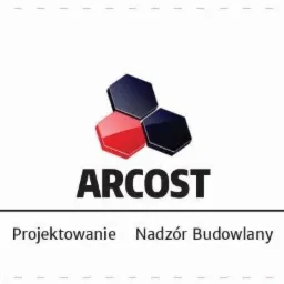 Logo firmy ARCOST z trzema heksagonami w kolorach czerwonym i czarnym, poniżej nazwa firmy i podpisy 'Projektowanie' i 'Nadzór Budowlany'.