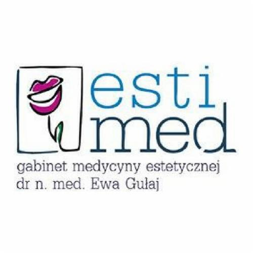 Logo gabinetu medycyny estetycznej Esti Med z symbolem ust w ramce przypominającej kwiat.