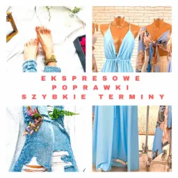 Kompozycja z elementami odzieżowymi: bose stopy w dżinsach, sukienki na manekinach na tle ceglanej ściany, podarte dżinsy z kwiatami, błękitna suknia na statywie. Napis 'Ekspresowe poprawki...