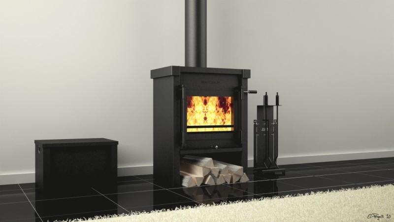 Czarny piec na drewno z płomieniami, obok stojak z narzędziami kominkowymi i pojemnik na drewno, na czarnej podłodze z dywanem.