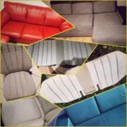 Kolaż zdjęć przedstawiający różne etapy renowacji mebli tapicerowanych: fragment czerwonej skórzanej kanapy, szara narożna sofa, krzesła z tapicerką w paski przed i po renowacji, fragment...