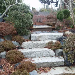 Kamienne schody prowadzące do drewnianego podestu w ogrodzie, otoczone różnorodną roślinnością i ściółką z kory.