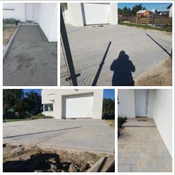 HANDEL-BUDOWA-FINANSE NOWAKOWSCY SP. Z O.O. - Układanie szarej kostki brukowej przed nowoczesnym domem z białą elewacją, widoczne etapy prac i cień fotografa.