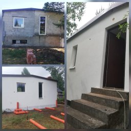 HANDEL-BUDOWA-FINANSE NOWAKOWSCY SP. Z O.O. - Fotografia kolażowa: elewacja budynku przed i po renowacji. Część budynku z surowych bloków, po prawej pomalowana na biało z nowymi schodami. Widoczne rury drenażowe.