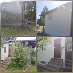 HANDEL-BUDOWA-FINANSE NOWAKOWSCY SP. Z O.O. - Kolaż prezentujący budynek przed i po renowacji elewacji. Widoczne zmiany w kolorystyce ścian, poprawiony wygląd otoczenia.