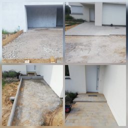 HANDEL-BUDOWA-FINANSE NOWAKOWSCY SP. Z O.O. - Układanie kostki brukowej przed garażem i wejściem do domu, etap przed i po. Kostka betonowa w odcieniach szarości. Widoczne obrzeża.