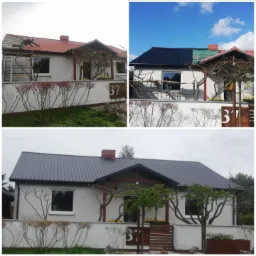 Dom w Skokach w trzech etapach wymiany pokrycia dachowego: stary czerwony dach, częściowo wymieniony na grafitowy, oraz finalny grafitowy dach.
