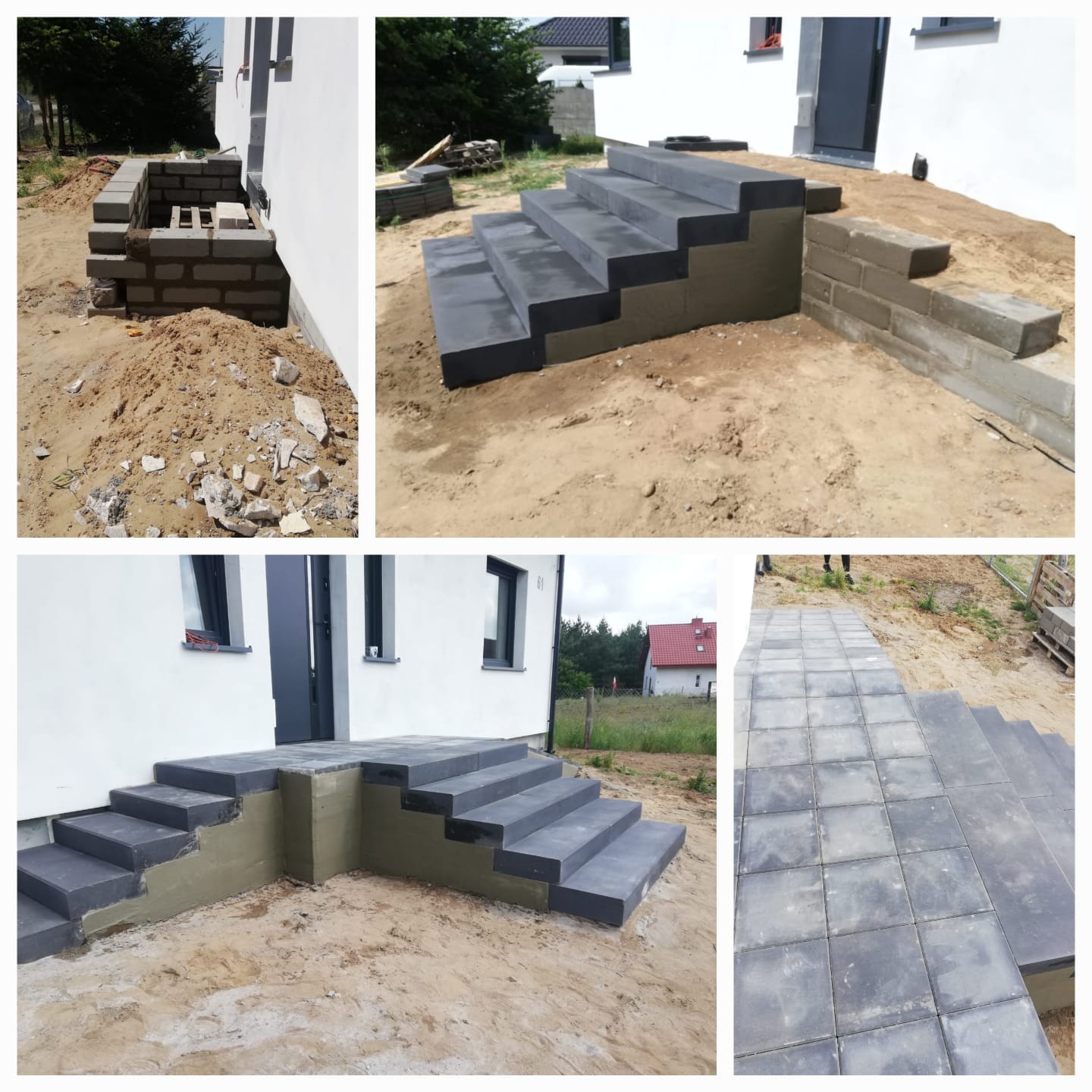 Montaż schodów zewnętrznych z szarej kostki brukowej przy białym budynku, widoczne etapy budowy: fundament z bloczków betonowych, ocieplenie styropianem, ułożona ścieżka z kostki. Prace w toku.