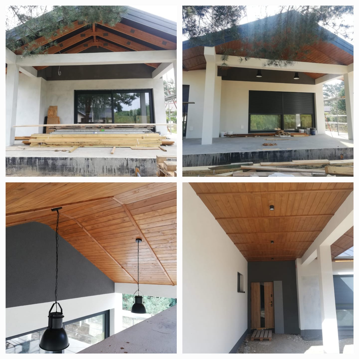 Cztery ujęcia z budowy domu: elewacja z oknami i roletami, drewniana podbitka dachowa z oświetleniem, składowane deski.