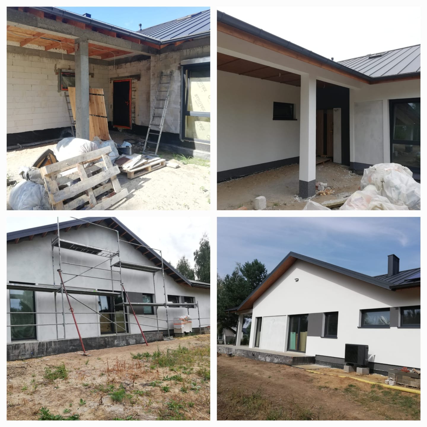 Cztery ujęcia domu: pierwsze w trakcie budowy z widocznymi paletami i rusztowaniami, drugie z wykończoną elewacją i kolumnami, trzecie z rusztowaniem na elewacji, czwarte z gotową elewacją i dachem...