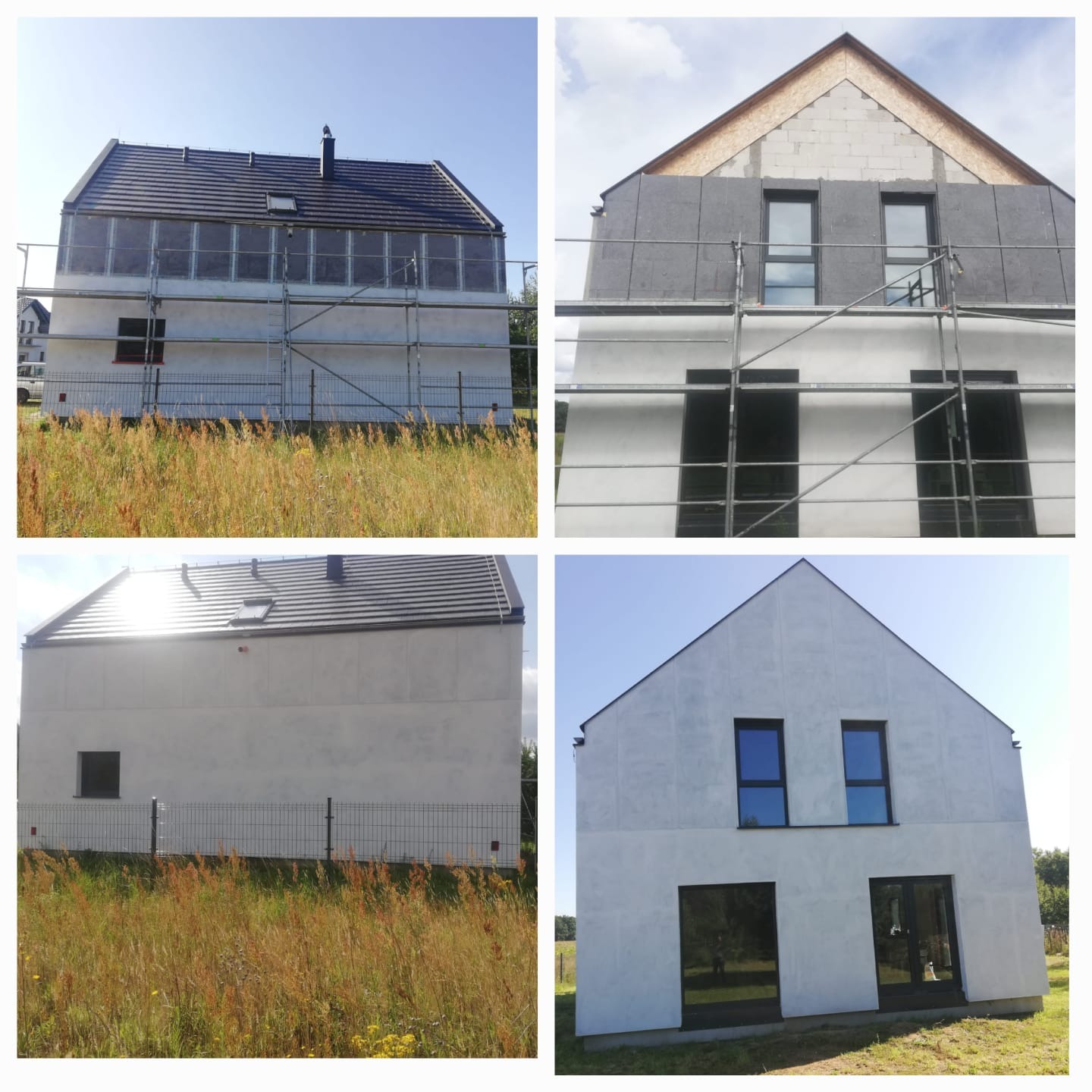 Cztery ujęcia domu: z boku z rusztowaniem podczas prac, przód z częściowo zamontowaną izolacją, tył po wykonaniu elewacji i przód po zakończeniu prac elewacyjnych.