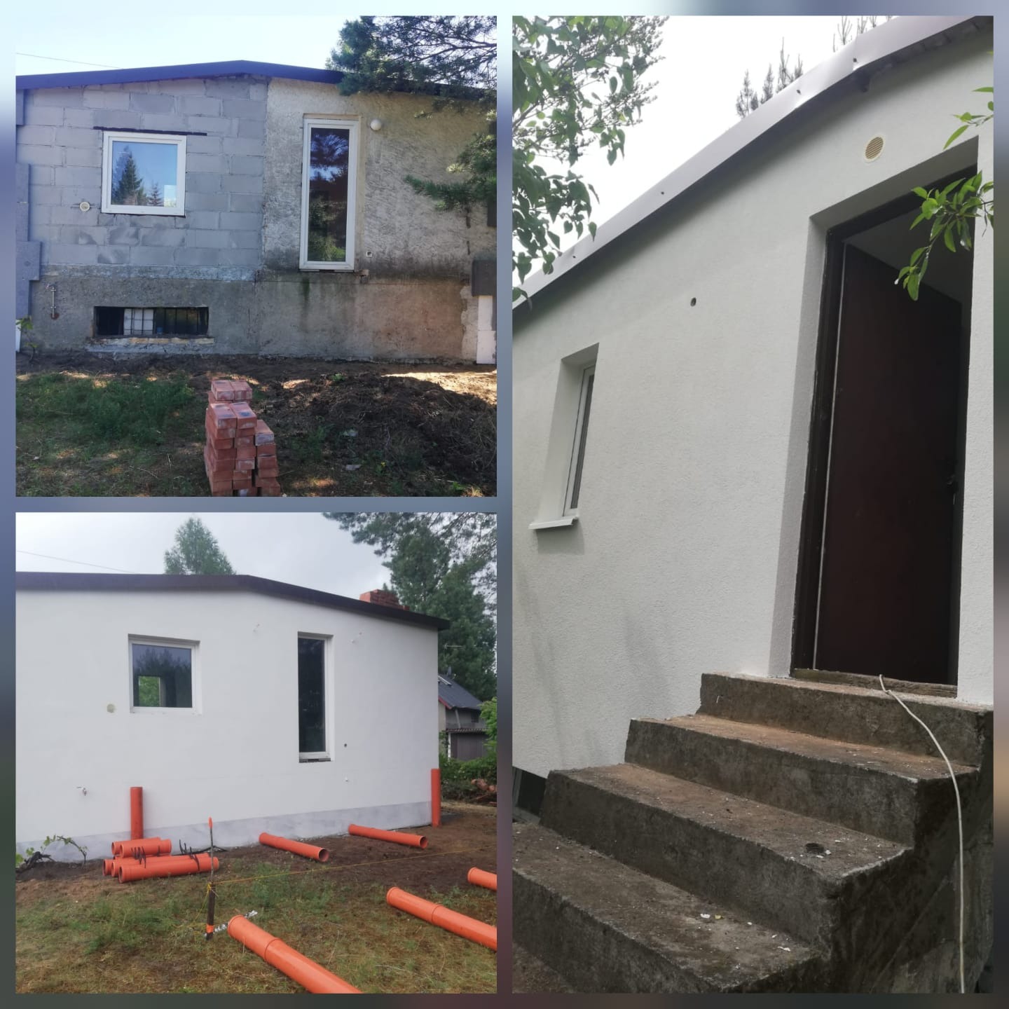 Fotografia kolażowa: elewacja budynku przed i po renowacji. Część budynku z surowych bloków, po prawej pomalowana na biało z nowymi schodami. Widoczne rury drenażowe.