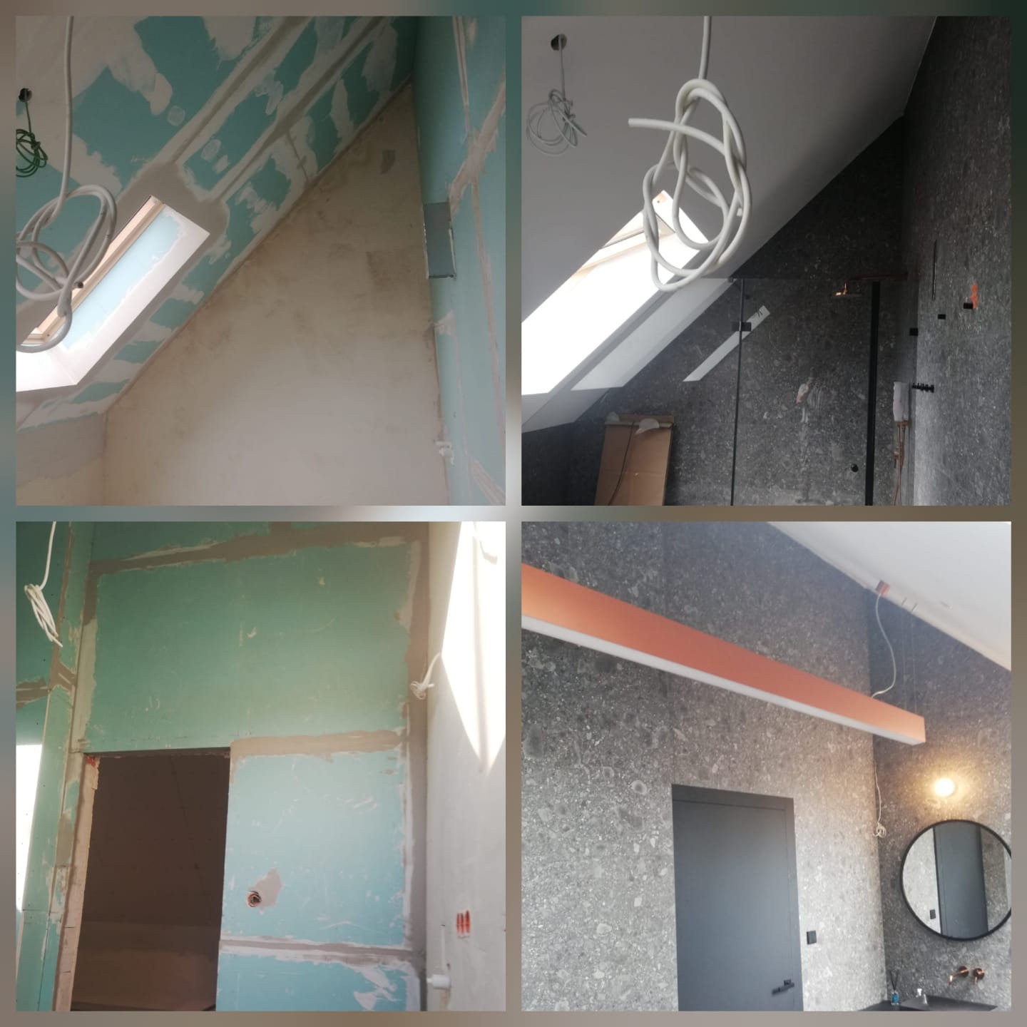 Cztery kadry z remontu poddasza: surowe ściany z płyt gipsowych, instalacje elektryczne, wykończona łazienka z szarą mozaiką i oświetleniem. Etapy prac.