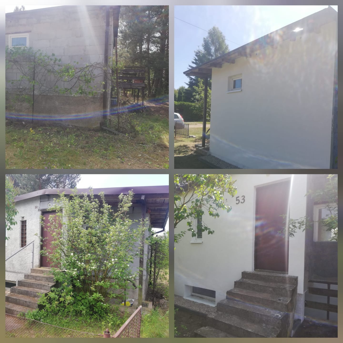 Kolaż prezentujący budynek przed i po renowacji elewacji. Widoczne zmiany w kolorystyce ścian, poprawiony wygląd otoczenia.