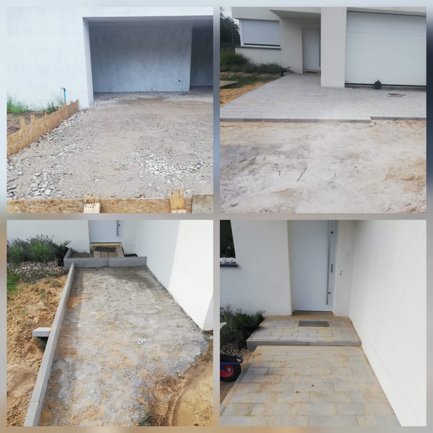 Układanie kostki brukowej przed garażem i wejściem do domu, etap przed i po. Kostka betonowa w odcieniach szarości. Widoczne obrzeża.