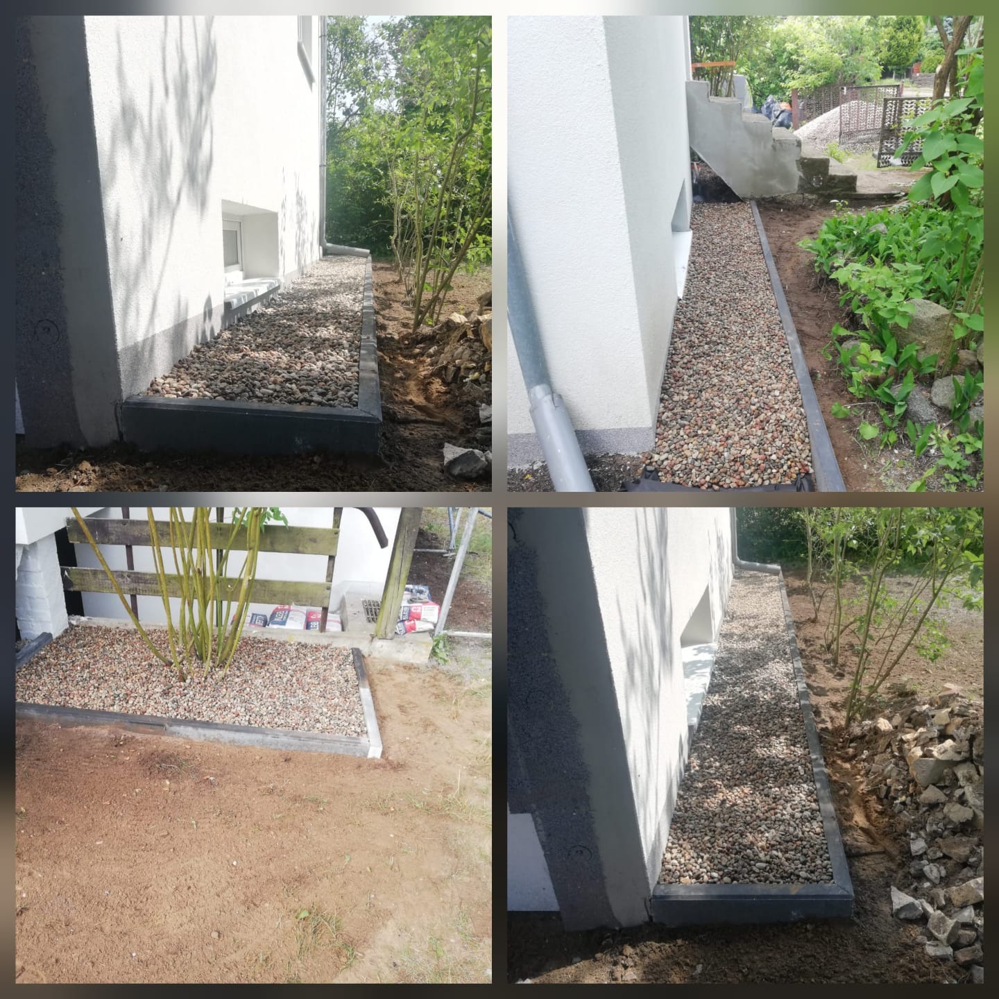 Cztery ujęcia obrzeża budynku z kamieniami ozdobnymi, otoczonego szarą obwódką. Widoczne fragmenty elewacji, roślinności i podłoża. Całość sprawia wrażenie estetycznego wykończenia.