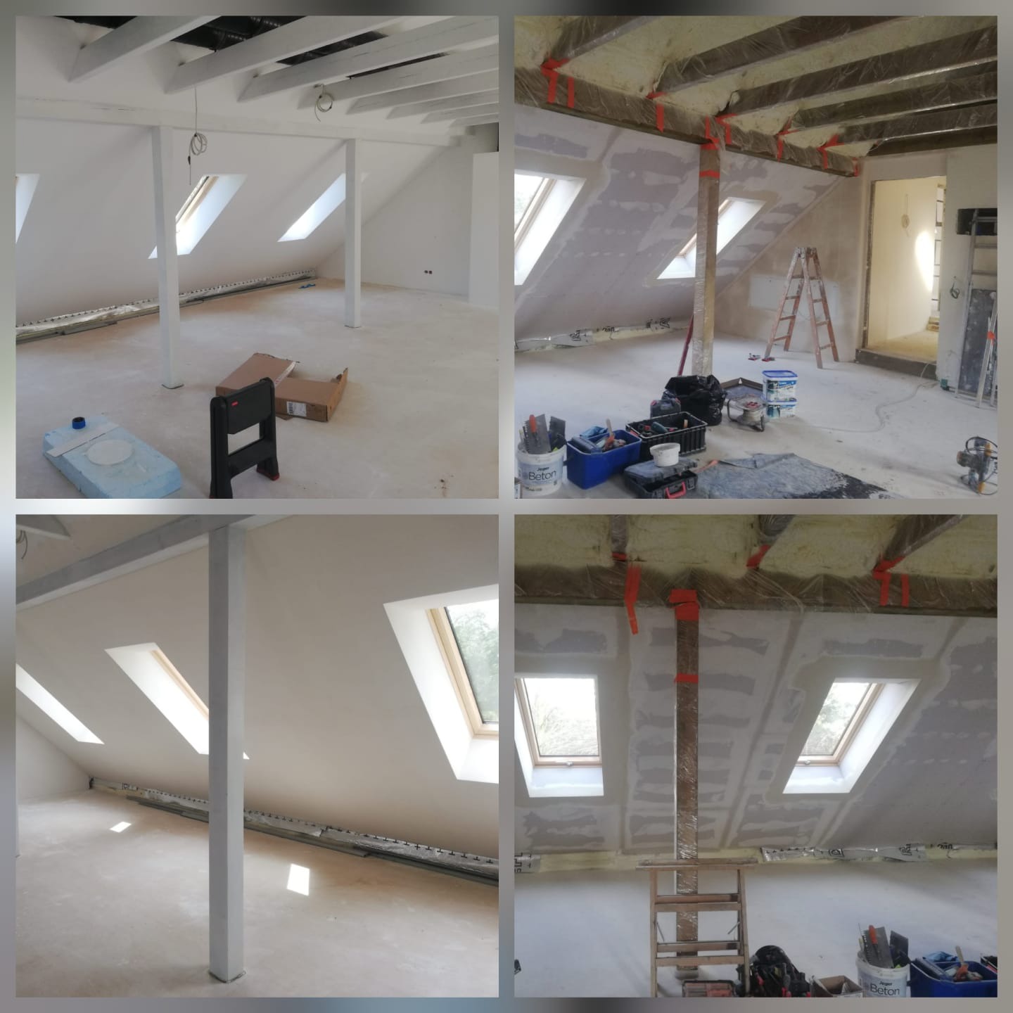 Poddasze w Skokach: widok przed i w trakcie prac z płytami gips-karton, izolacją i oknami dachowymi. Widoczne narzędzia i materiały budowlane.