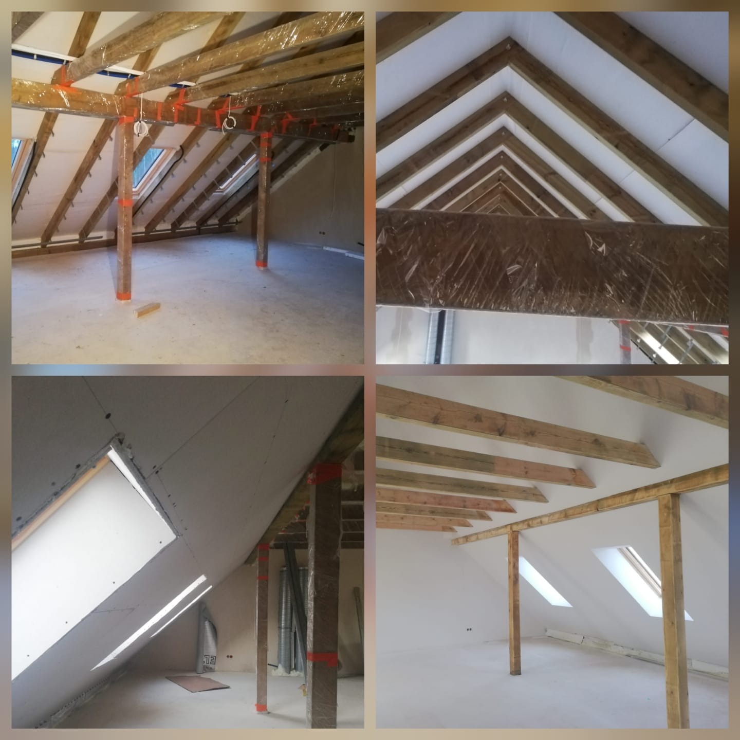 Wnętrze poddasza w trakcie adaptacji: drewniana konstrukcja dachu, izolacja, montaż płyt gipsowo-kartonowych przy oknach dachowych. Widoczne folie ochronne na elementach.
