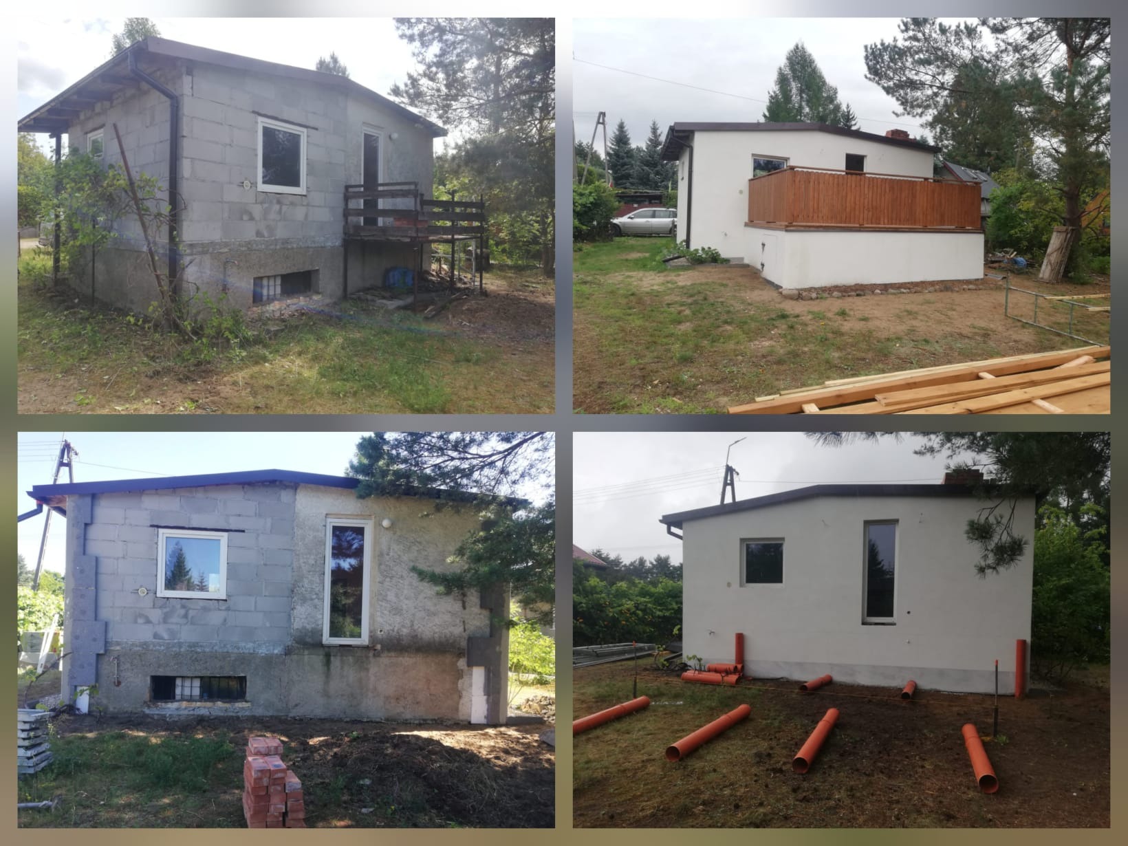 Dom przed i po renowacji: surowy budynek z betonowych bloków kontra otynkowany, biały budynek z drewnianą balustradą balkonu. Widok z zewnątrz.