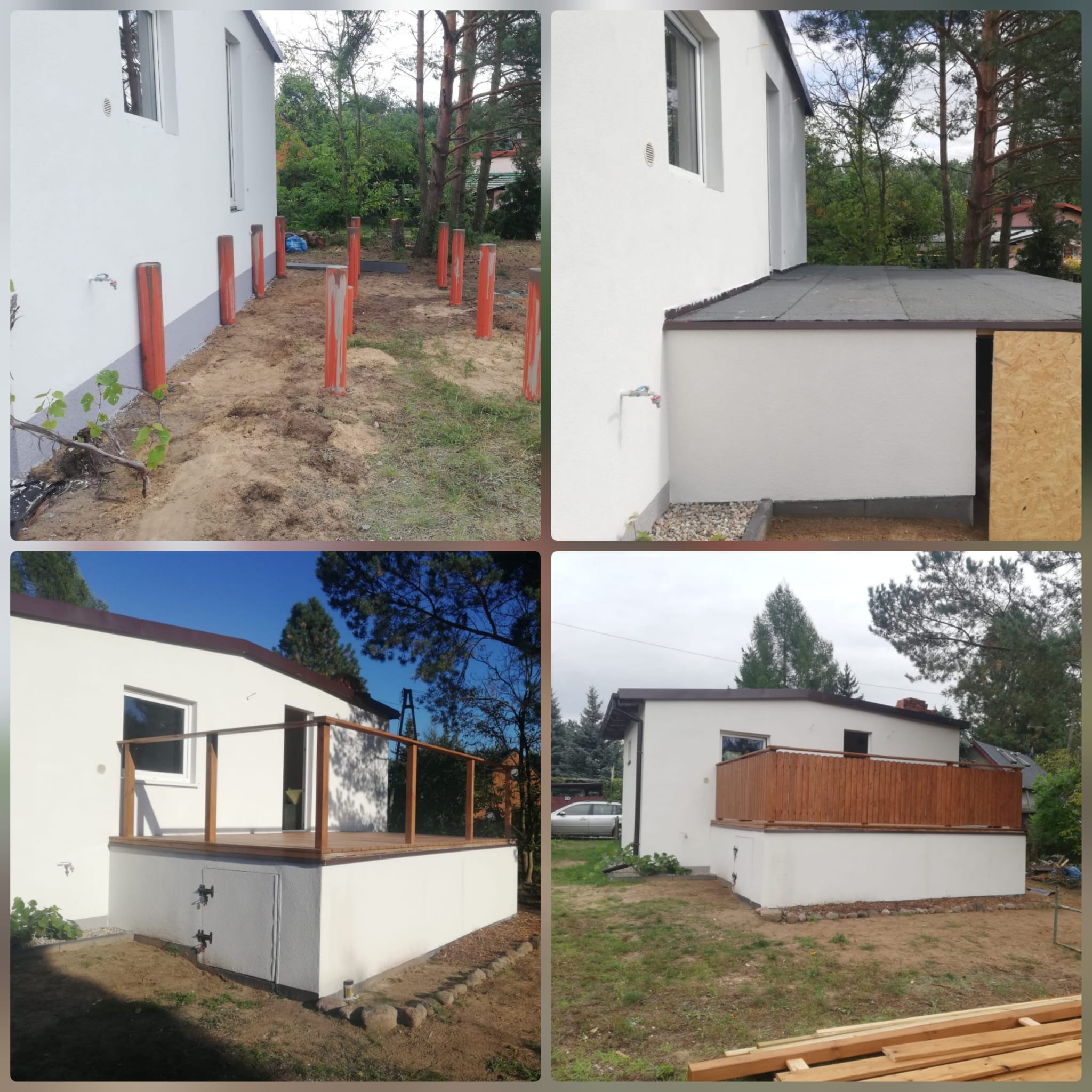 Czteropanelowe zdjęcie: budowa tarasu przy białym domu. Widoczne etapy prac: fundamenty, ocieplenie, konstrukcja drewniana i gotowy taras z balustradą.
