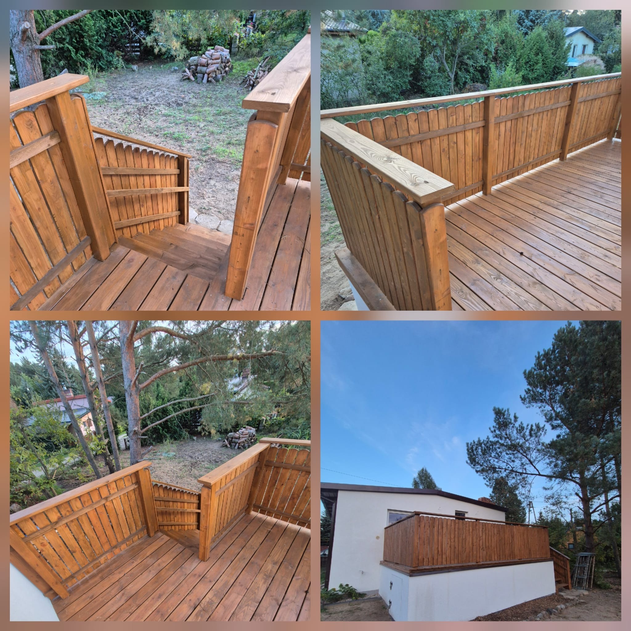 Drewniany taras z balustradą, świeżo po impregnacji, z widokiem na zieleń ogrodu i błękitne niebo. Detale wykończenia balustrady, ciepłe odcienie drewna.