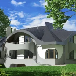 Wizualizacja domu jednorodzinnego z płaskim dachem o nietypowym, zaokrąglonym kształcie, z balkonami i dużymi oknami, otoczonego zielonym trawnikiem i drzewami, na tle błękitnego nieba z chmurami.