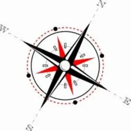 Stylizowany kompas z czerwonymi elementami wskazującymi kierunki świata, czarne groty strzałek, czarno-czerwony okrąg z kropkami i oznaczenia N, E, S, W.