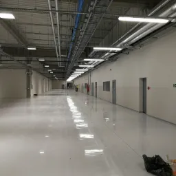 Długi, pusty korytarz w hali przemysłowej z białymi ścianami i błyszczącą, epoksydową posadzką. Widoczne liczne rury i instalacje pod sufitem, w oddali dwie osoby w kamizelkach odblaskowych. Przy...