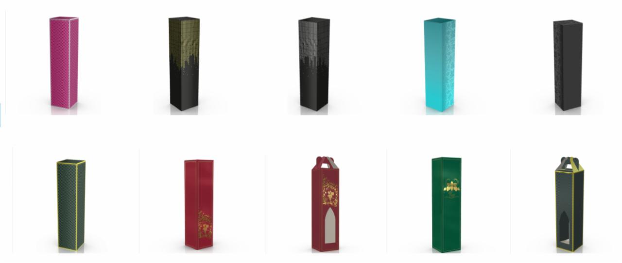 Kolekcja renderowanych pudełek prezentowych w różnych kolorach i wzorach, ustawionych w dwóch rzędach na białym tle, prezentująca różnorodność stylów i wykończeń.