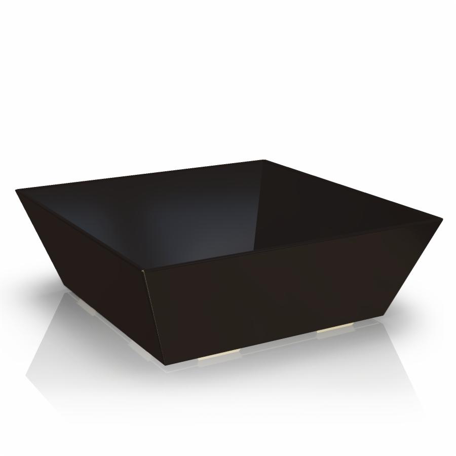 Pusta, kwadratowa, czarna misa z tworzywa sztucznego na białym tle z odbiciem, prezentująca minimalistyczny design.