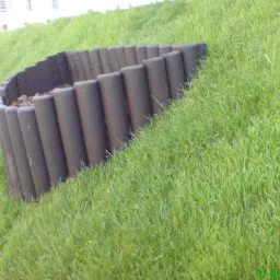 Okrągła rabata obłożona ciemnymi, drewnianymi palisadami na zboczu pokrytym świeżą, zieloną trawą. Widoczny fragment budynku w tle.