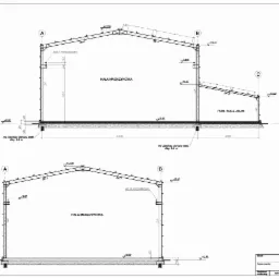 Przekroje poprzeczne hali magazynowej i pomieszczenia socjalno-biurowego z wymiarami, widok z boku, rysunek techniczny.
