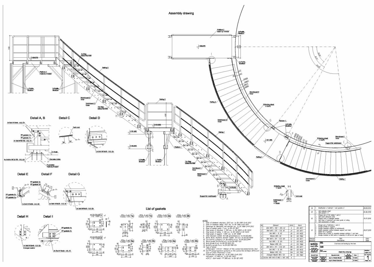 Rzut techniczny schodów spiralnych ze stalową konstrukcją, zawierający szczegółowe wymiary, przekroje i listę elementów złącznych.