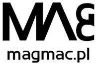 Czarne logo firmy odzieżowej MAG na białym tle, z adresem strony internetowej magmac.pl poniżej.