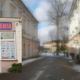 Fasada budynku z szyldem 'Ubezpieczenia' w małym miasteczku, widok na ulicę w zimowy dzień, obok kwiaciarnia.