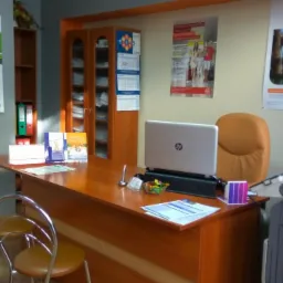 Biuro z biurkiem, laptopem, krzesłami, drukarką i kalendarzami na ścianie, wnętrze firmy ubezpieczeniowej.