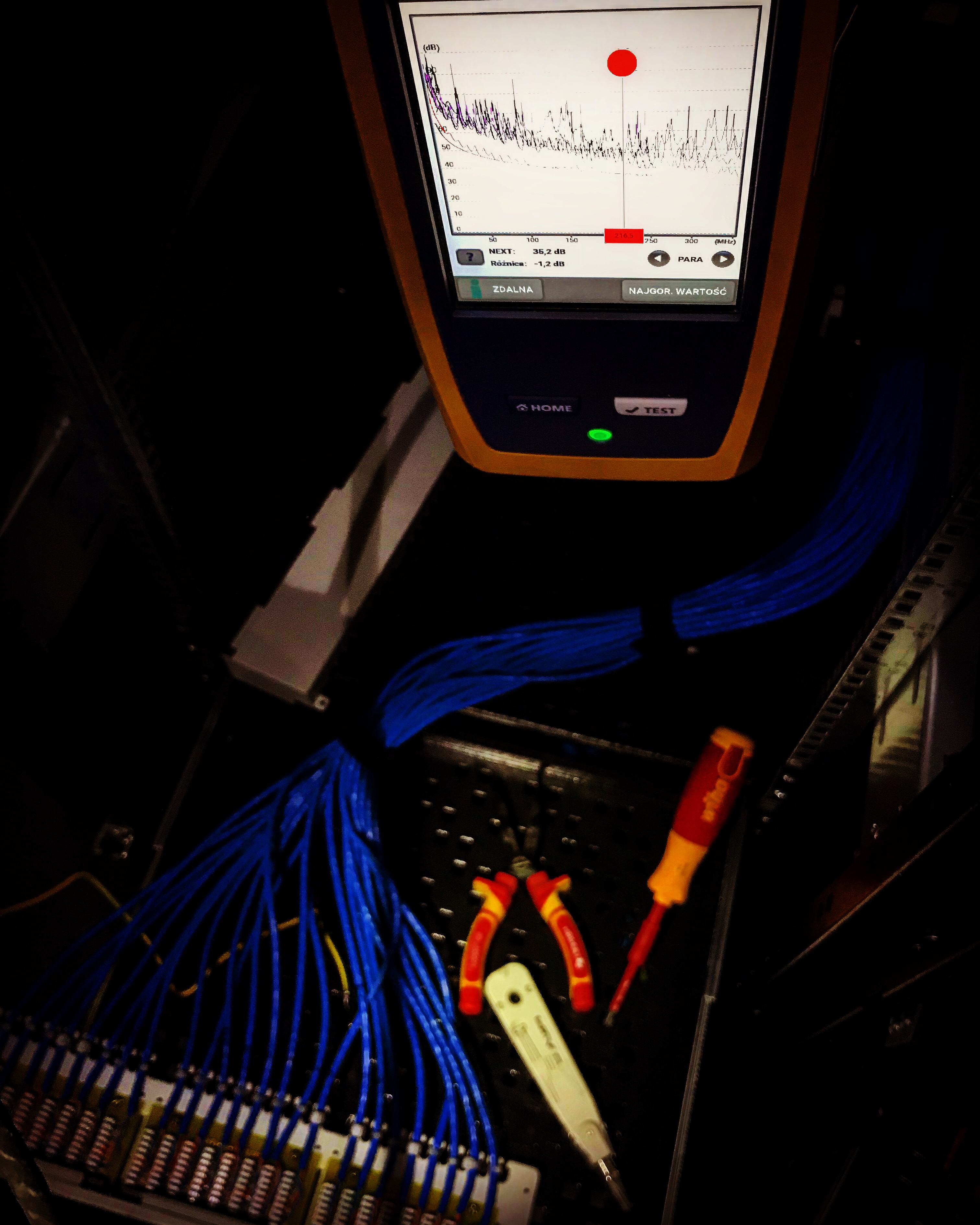 Tester kabli sieciowych wyświetlający wykres, obok niebieskie kable patchcord, zaciskarka i śrubokręt Wiha w szafie rack.