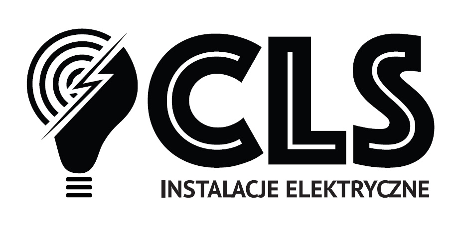 Czarne logo firmy CLS Instalacje Elektryczne z symbolem żarówki przeciętej błyskawicą.