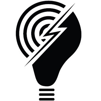 Grafika wektorowa przedstawiająca żarówkę przeciętą błyskawicą, z koncentrycznymi okręgami symbolizującymi fale radiowe w górnej części.