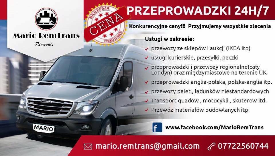 Reklama firmy transportowej Mario RemTrans z srebrnym vanem na pierwszym planie, oferującej przeprowadzki i transport, w tym międzynarodowy, z hasłem 'Najlepsza Cena' i listą usług.
