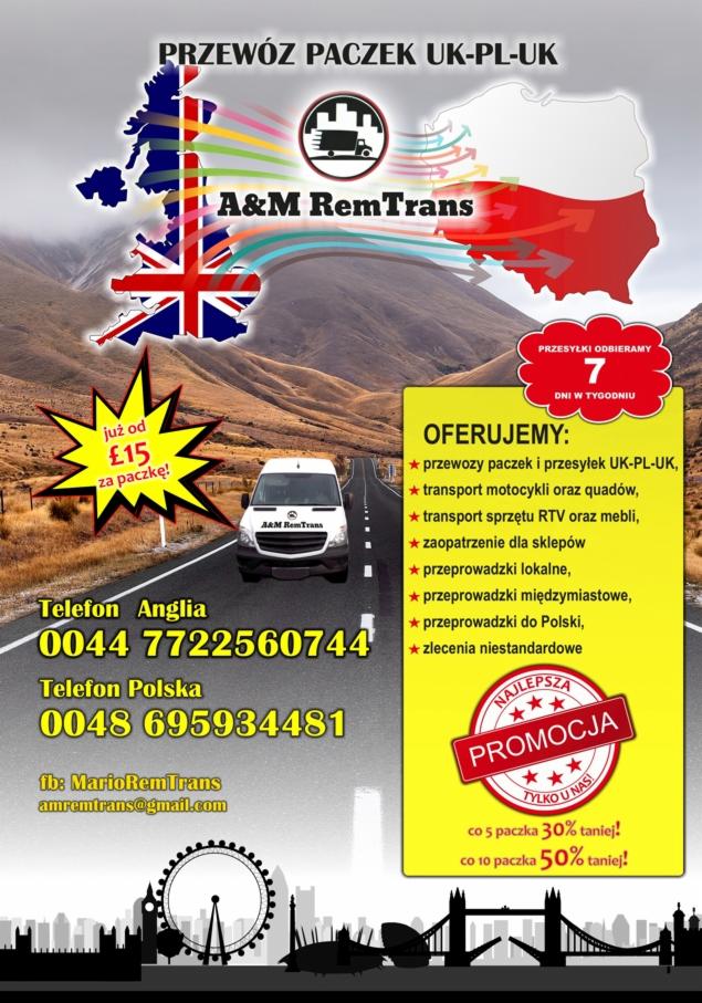 Grafika reklamowa firmy A&M RemTrans oferującej przewóz paczek między Wielką Brytanią a Polską, z mapami krajów, logiem firmy, zdjęciem busa na drodze i informacjami kontaktowymi.