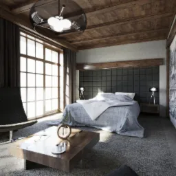 Nowoczesna sypialnia z drewnianym sufitem, szarą tapicerowaną ścianą za łóżkiem, stolikiem kawowym z dekoracją i dużym oknem z zasłonami.