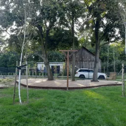 Nietypowy taras drewniany otaczający drzewa, z drewnianą konstrukcją na środku i białym samochodem w tle, oświetlony girlandami żarówek.