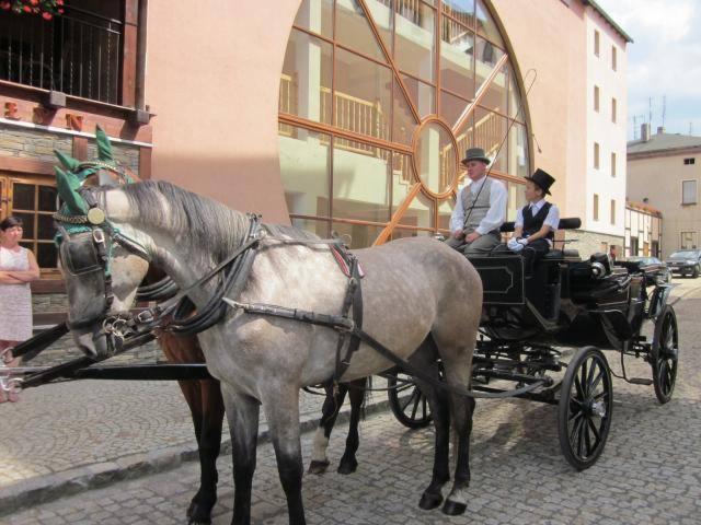Dwa konie zaprzęgnięte do czarnej karocy z dwoma mężczyznami w strojach z epoki, na tle budynku z dużym, łukowym oknem.