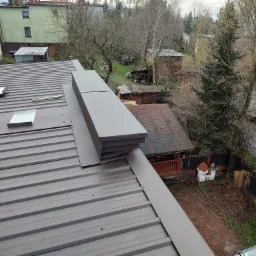 Nowy, brązowy dach z blachy trapezowej z kominkiem wentylacyjnym na tle zabudowań i drzew w jesiennej scenerii.