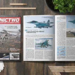 Otwarty magazyn lotniczy 'Lotnictwo Aviation International' z artykułem o samolocie Suchoj Su-34, leżący obok oł&oacute;wk&oacute;w i rośliny doniczkowej.