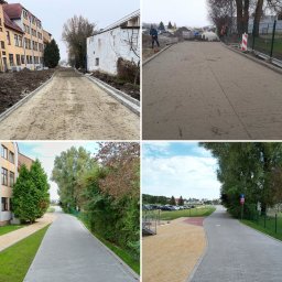 KMC Krzysztof Machaj Company - Układanie kostki brukowej: porównanie stanu przed i po na terenie ośrodka wypoczynkowego. Widoczne etapy prac i efekt finalny - nowa nawierzchnia z kostki.